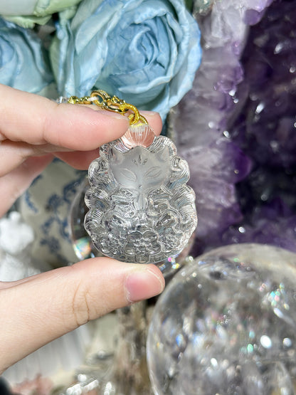White crystal engraved fox necklace
