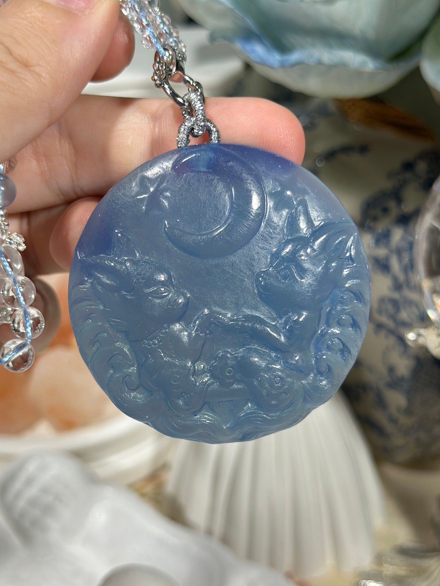 Aquamarine engraved fox necklace