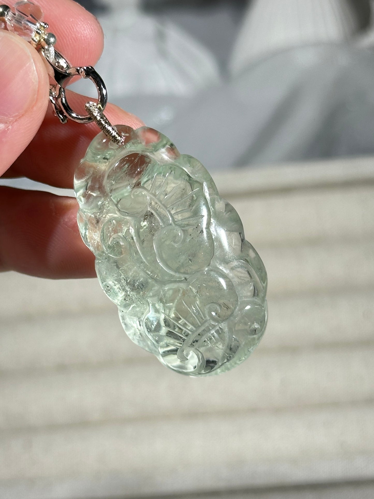 Green crystal engraved fox necklace