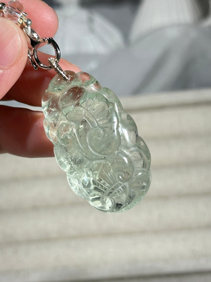 Green crystal engraved fox necklace