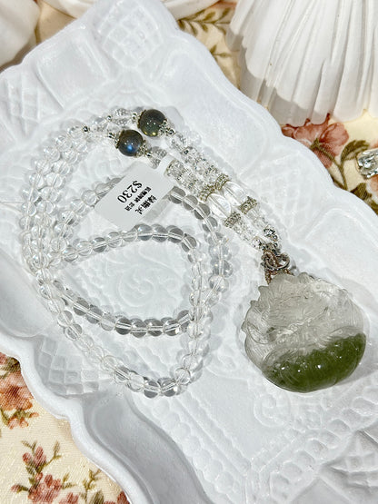 Green Ghost Fox Engraved Pendant