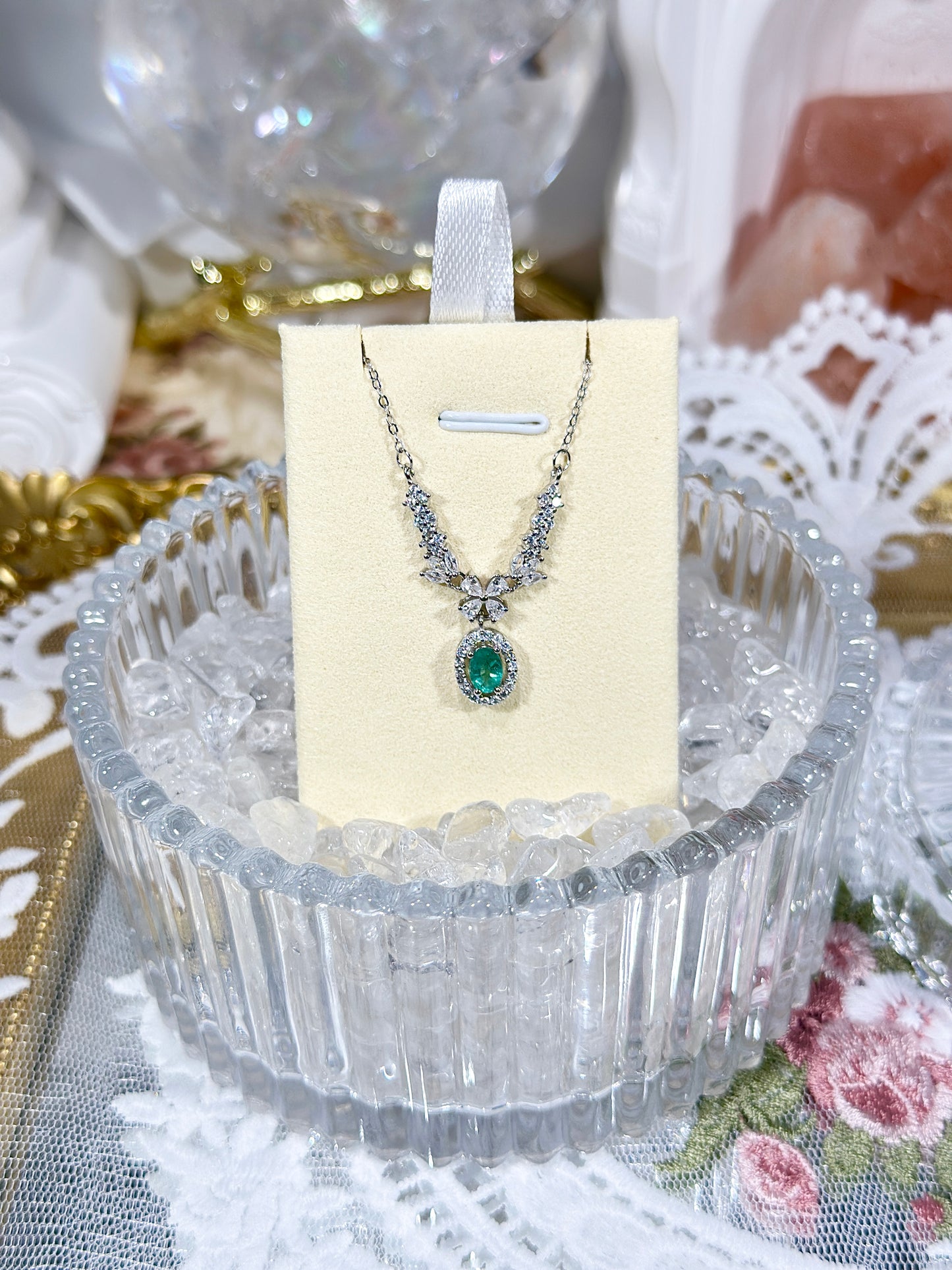Green mother crystal necklace S925 silver