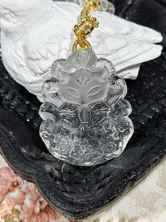 White crystal engraved fox necklace