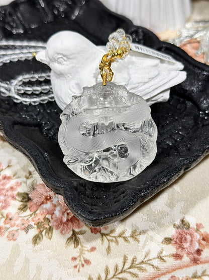 White crystal engraved fox necklace