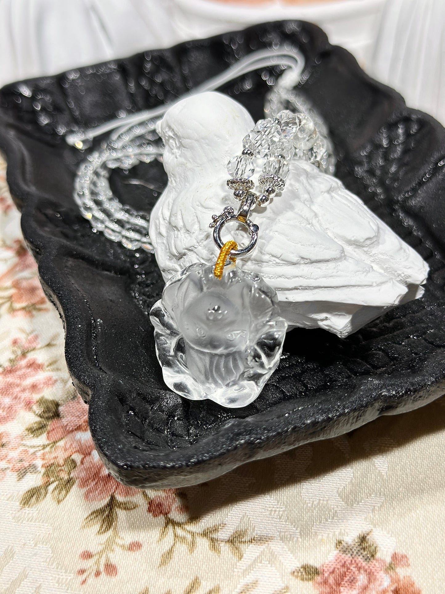 White crystal engraved fox necklace