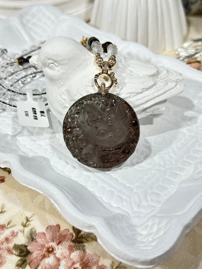 Ghost crystal engraved fox necklace