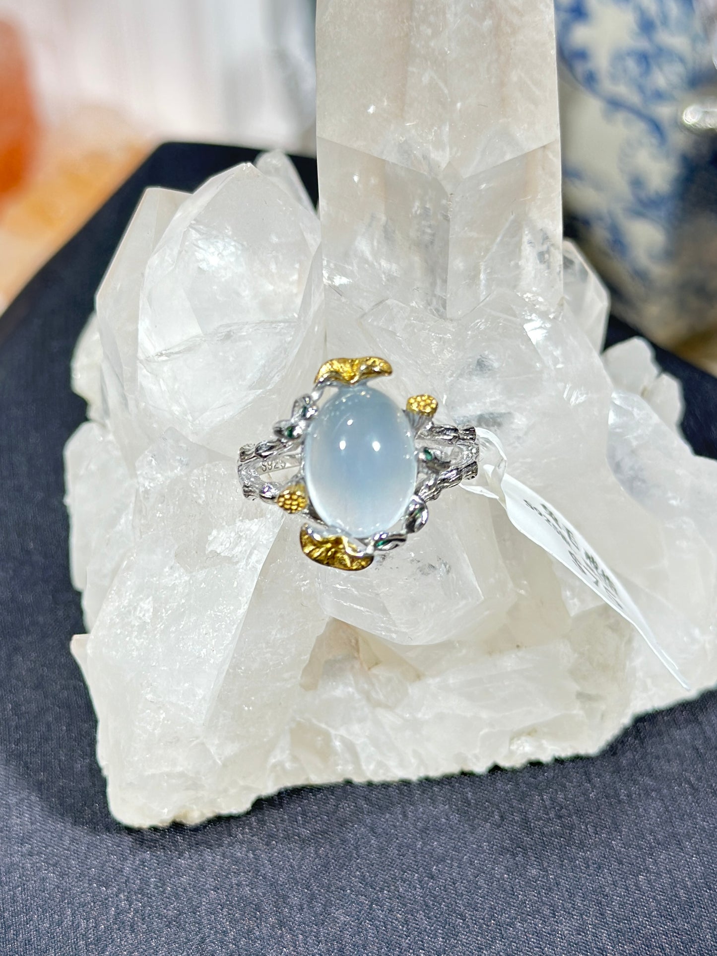 蓝兔毛水晶S925银戒指