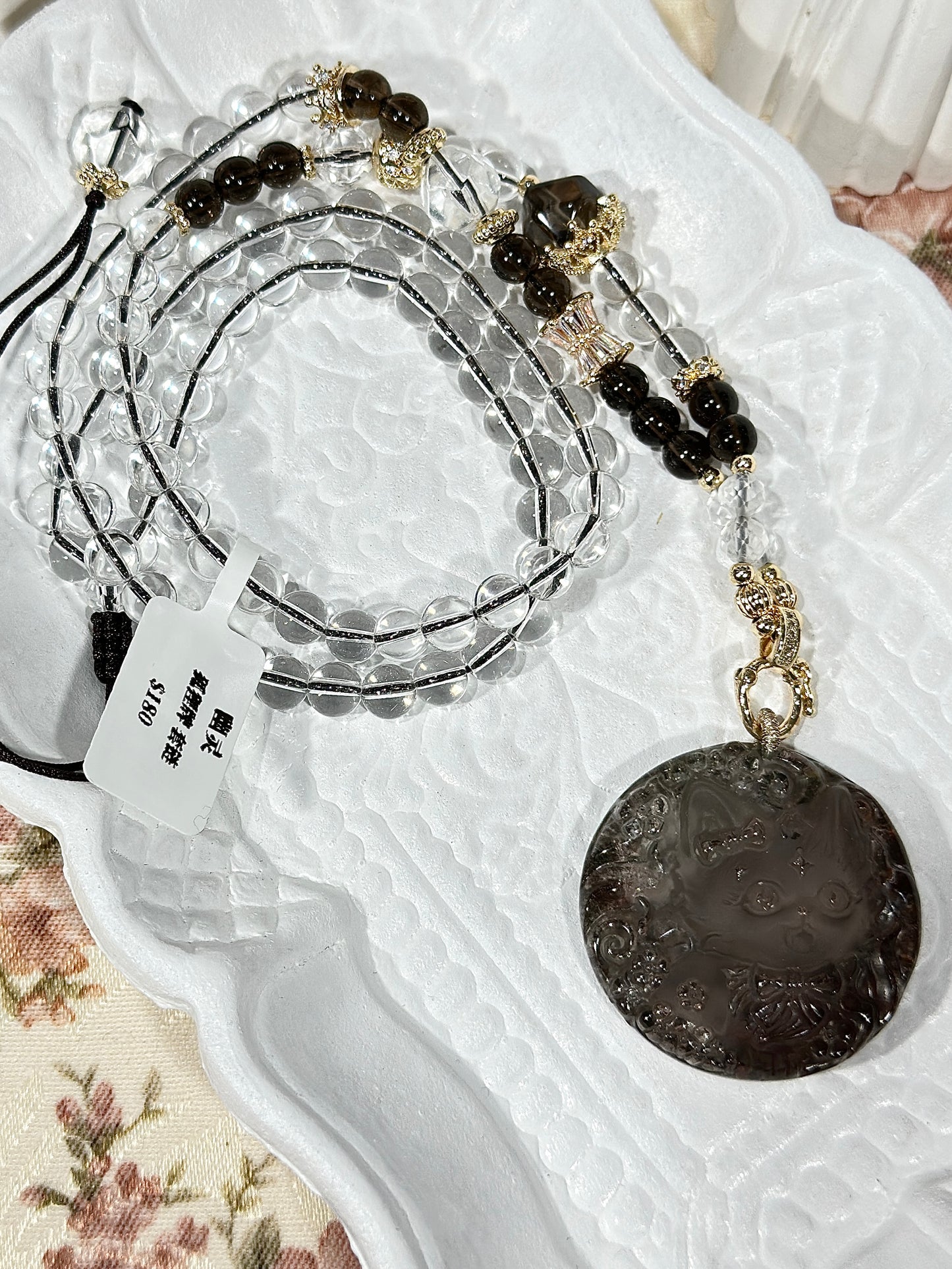 Ghost crystal engraved fox necklace