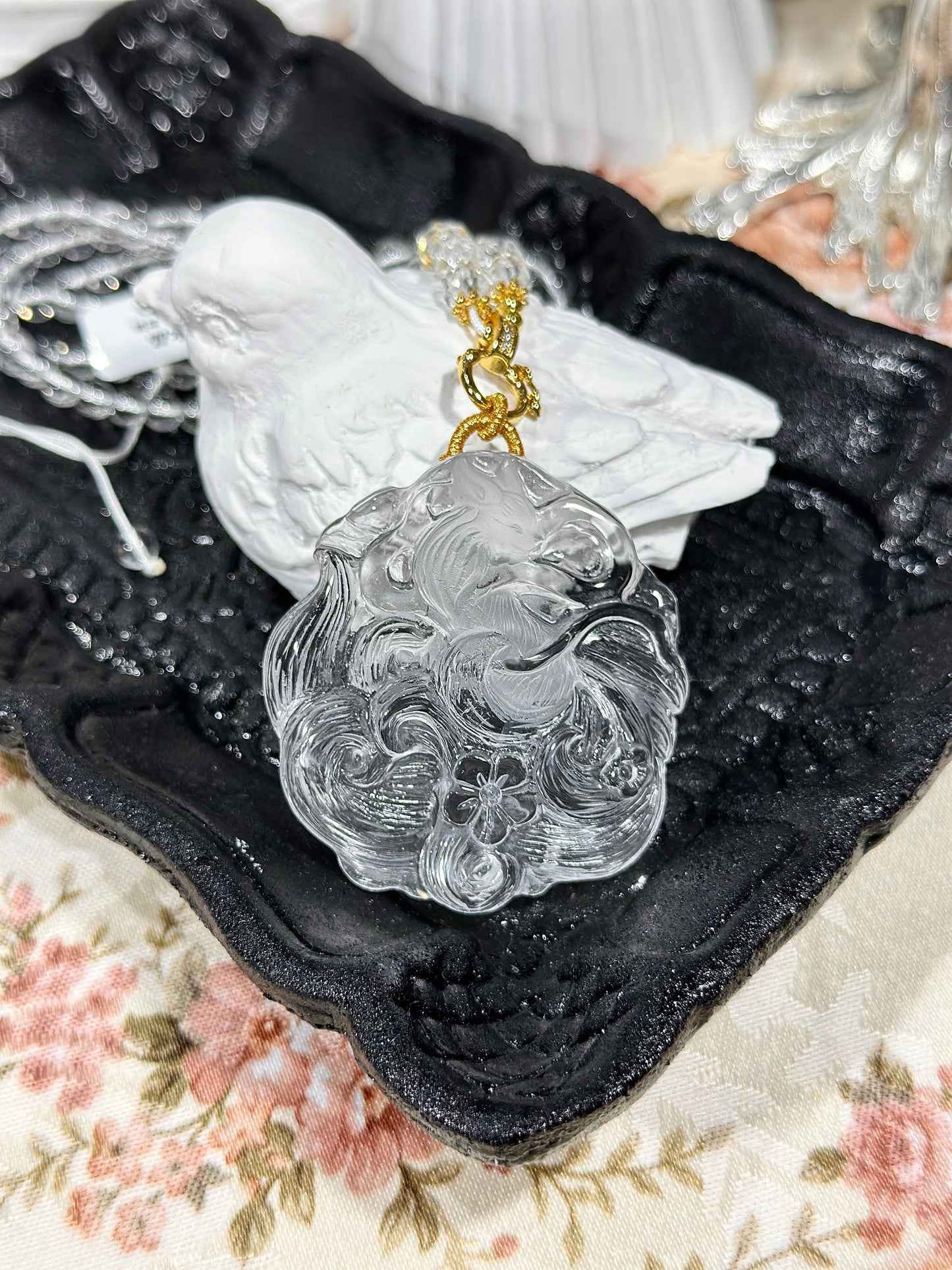 White crystal engraved fox necklace