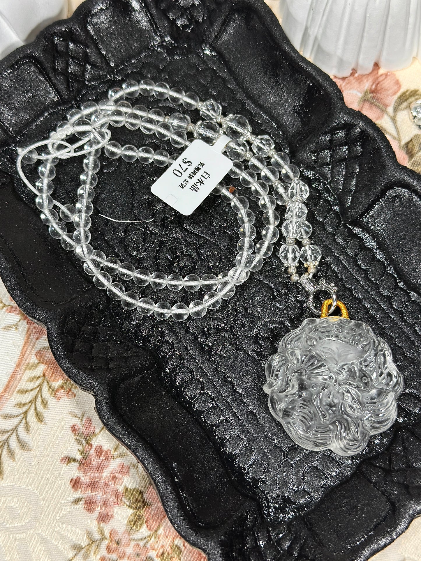 White crystal engraved fox necklace