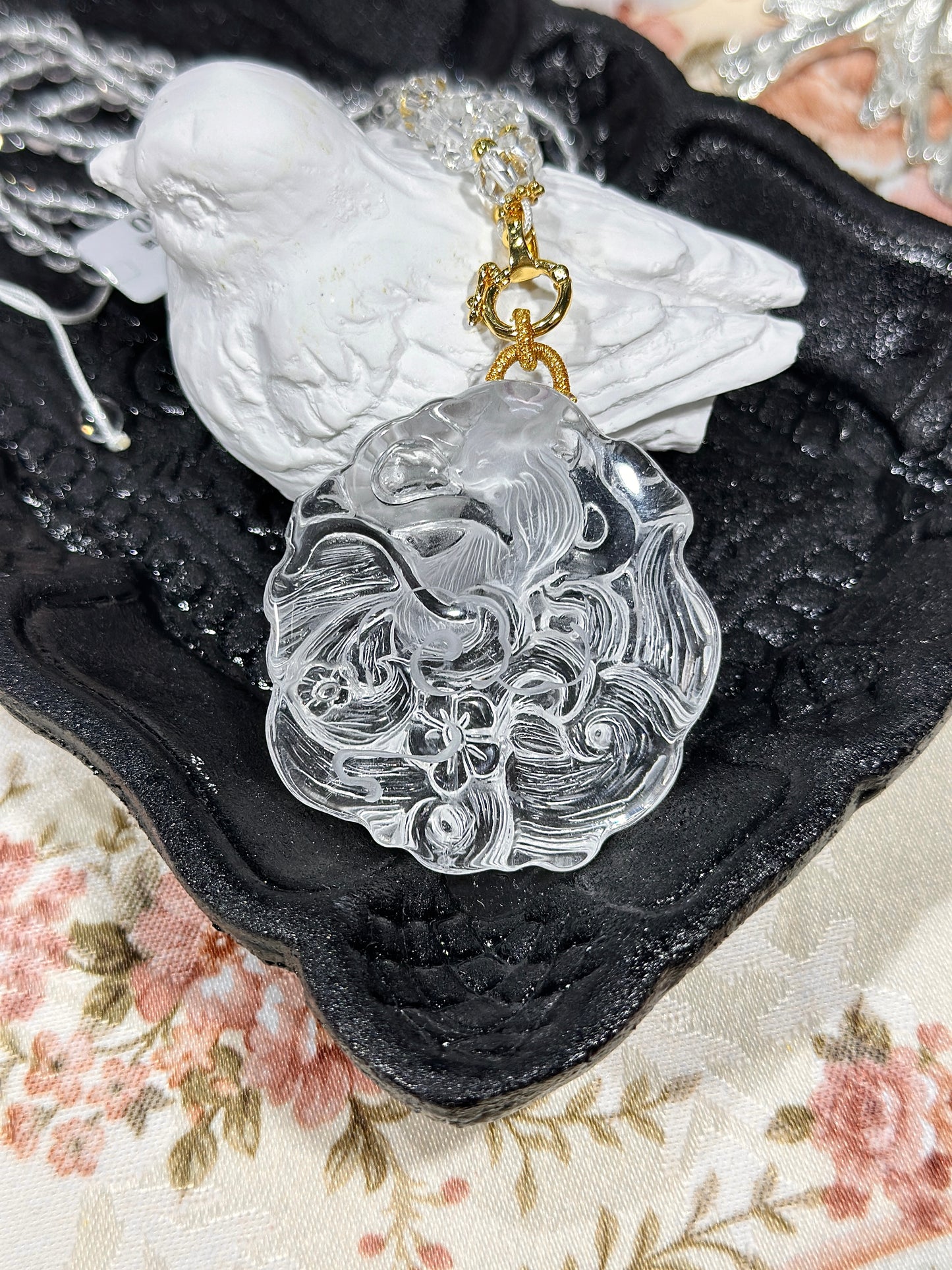 White crystal engraved fox necklace
