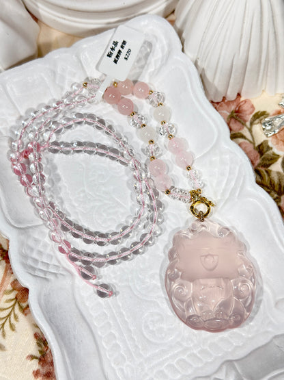Pink quartz fox necklace