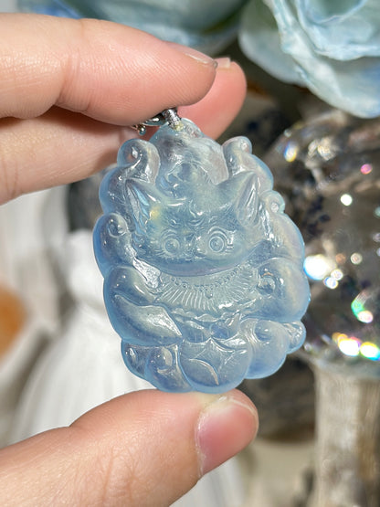 Aquamarine engraved fox necklace