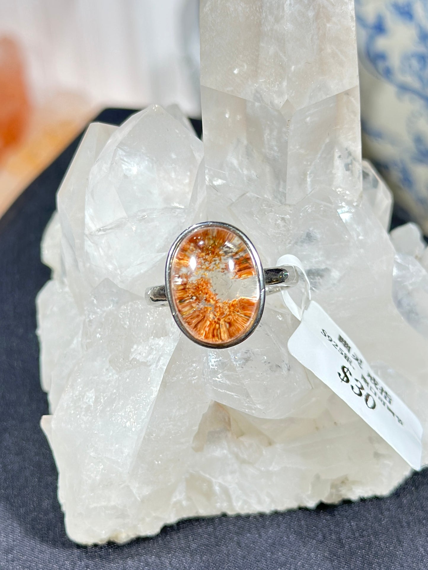 Orange-pink ghost crystal S925 silver ring