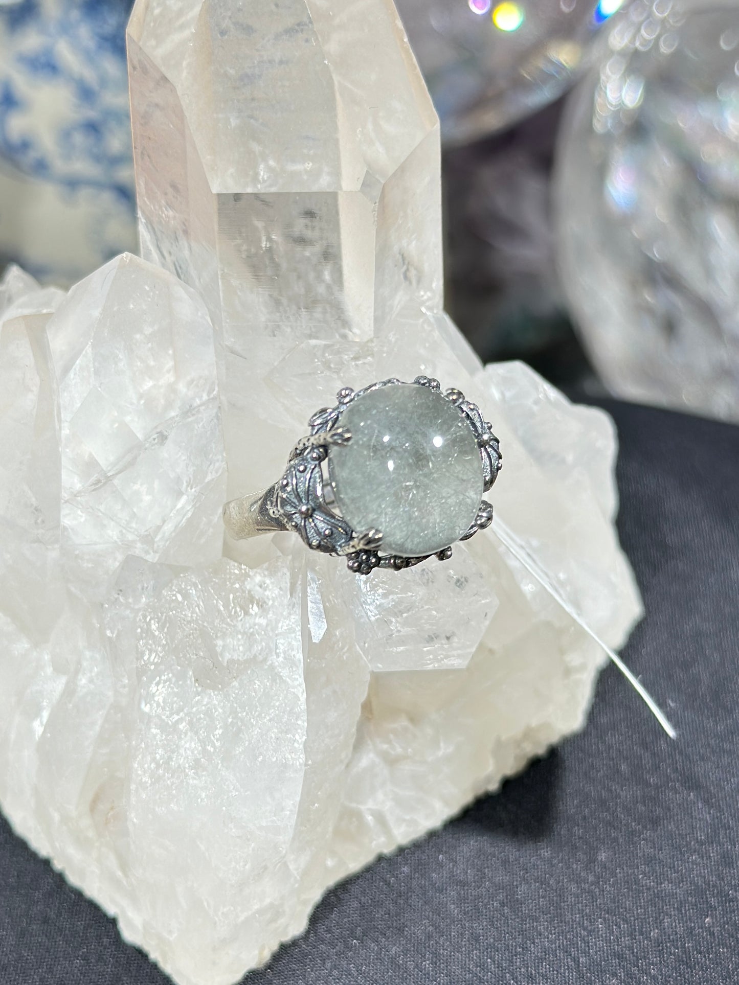 Gray and white rabbit fur crystal S925 silver ring