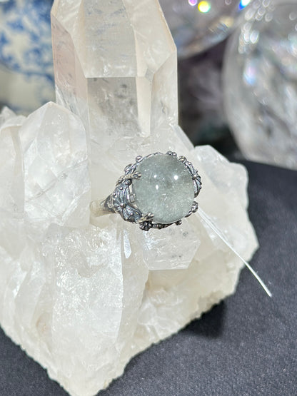 Gray and white rabbit fur crystal S925 silver ring