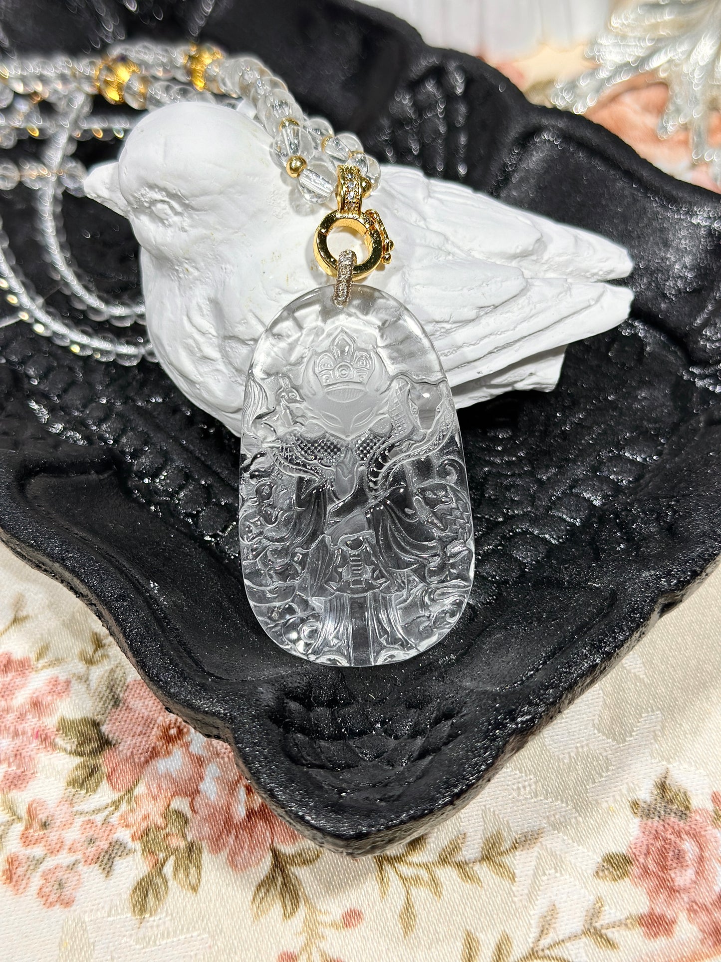 White crystal engraved fox necklace