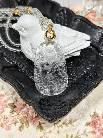 White crystal engraved fox necklace