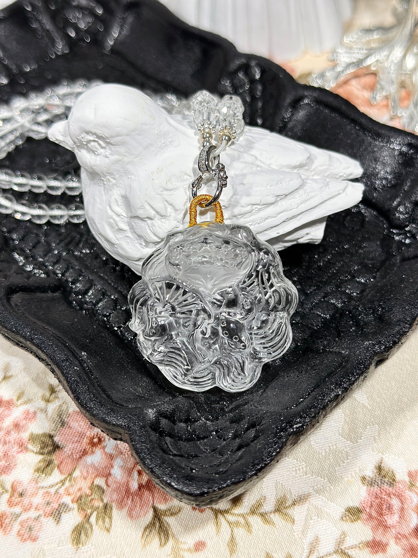 White crystal engraved fox necklace