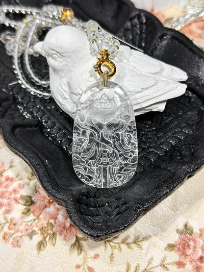 White crystal engraved fox necklace