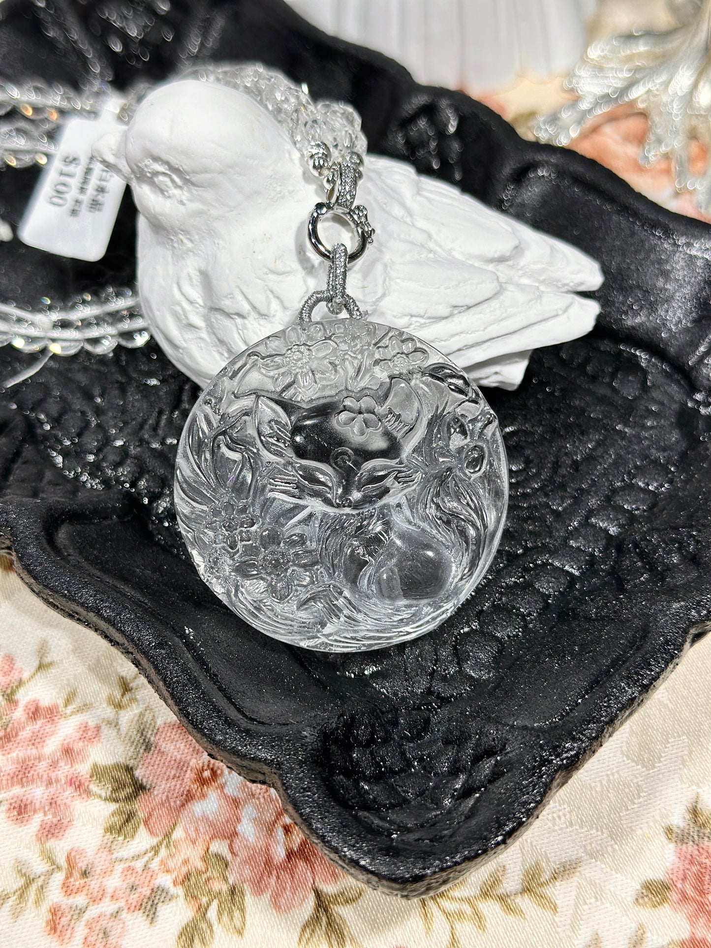 White crystal engraved fox necklace