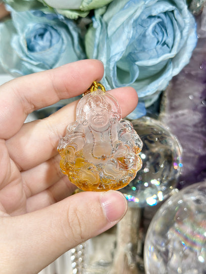 Yellow glue flower carved yellow god of wealth pendant necklace