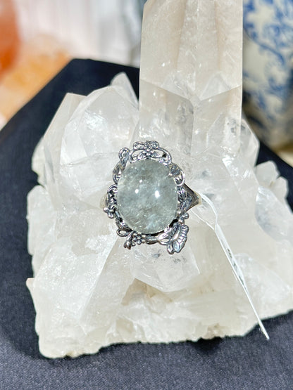 Gray and white rabbit fur crystal S925 silver ring