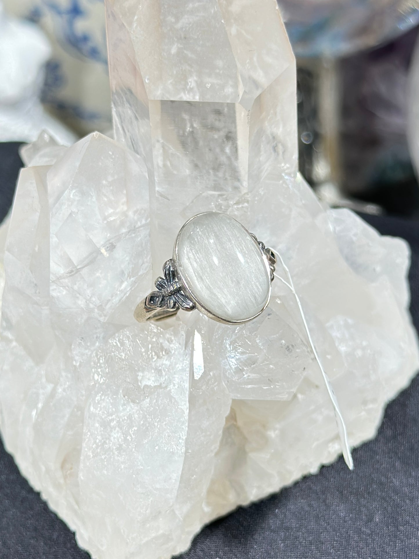 Gray and white rabbit fur crystal S925 silver ring