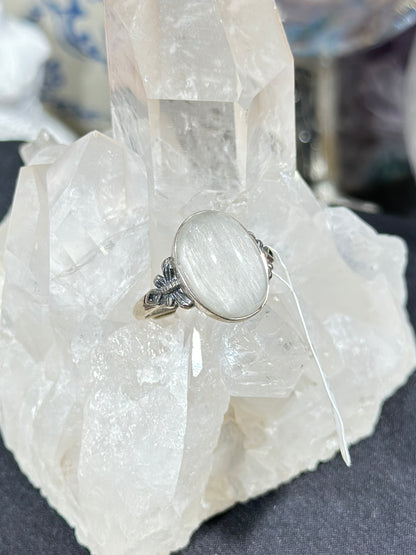 Gray and white rabbit fur crystal S925 silver ring