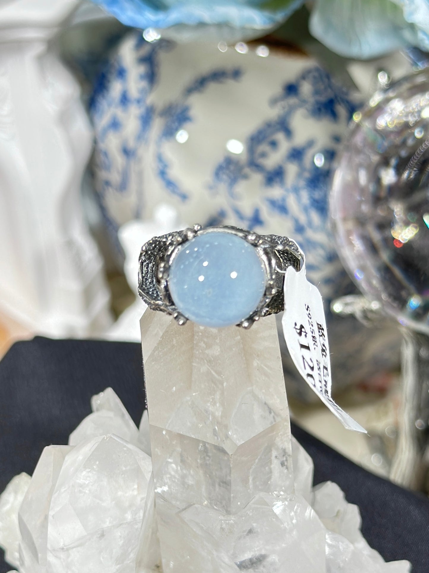 蓝兔毛水晶S925银戒指
