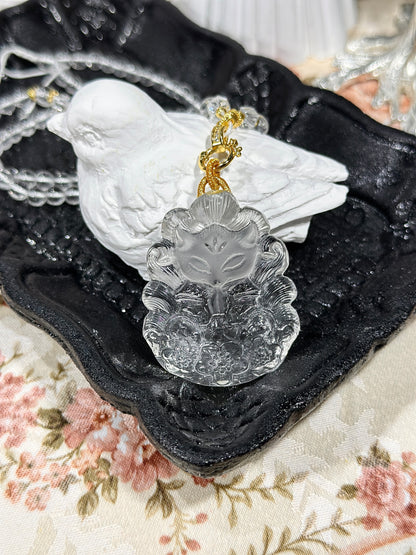 White crystal engraved fox necklace