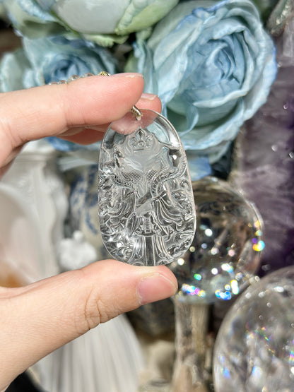 White crystal engraved fox necklace