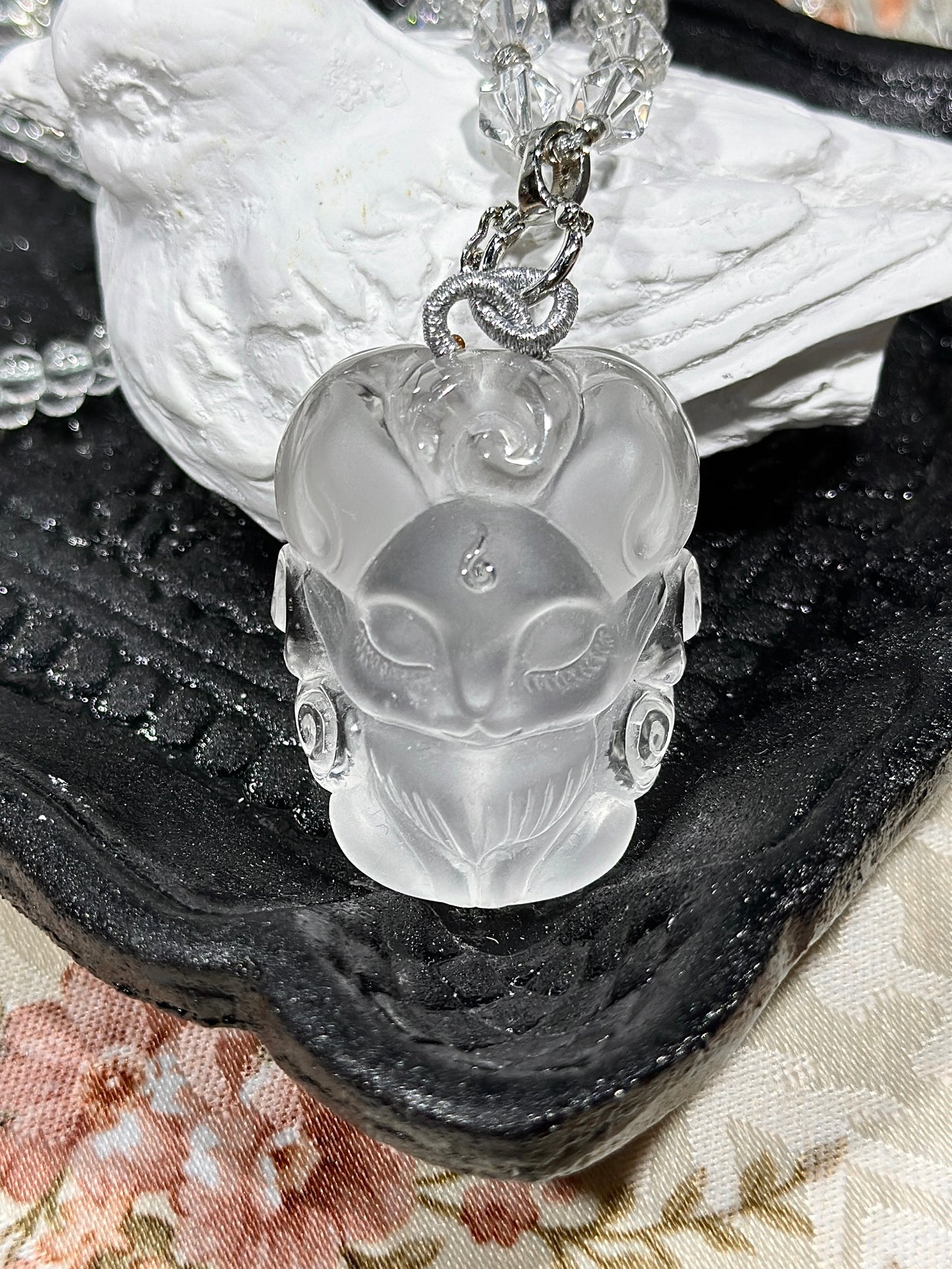 White crystal engraved fox necklace