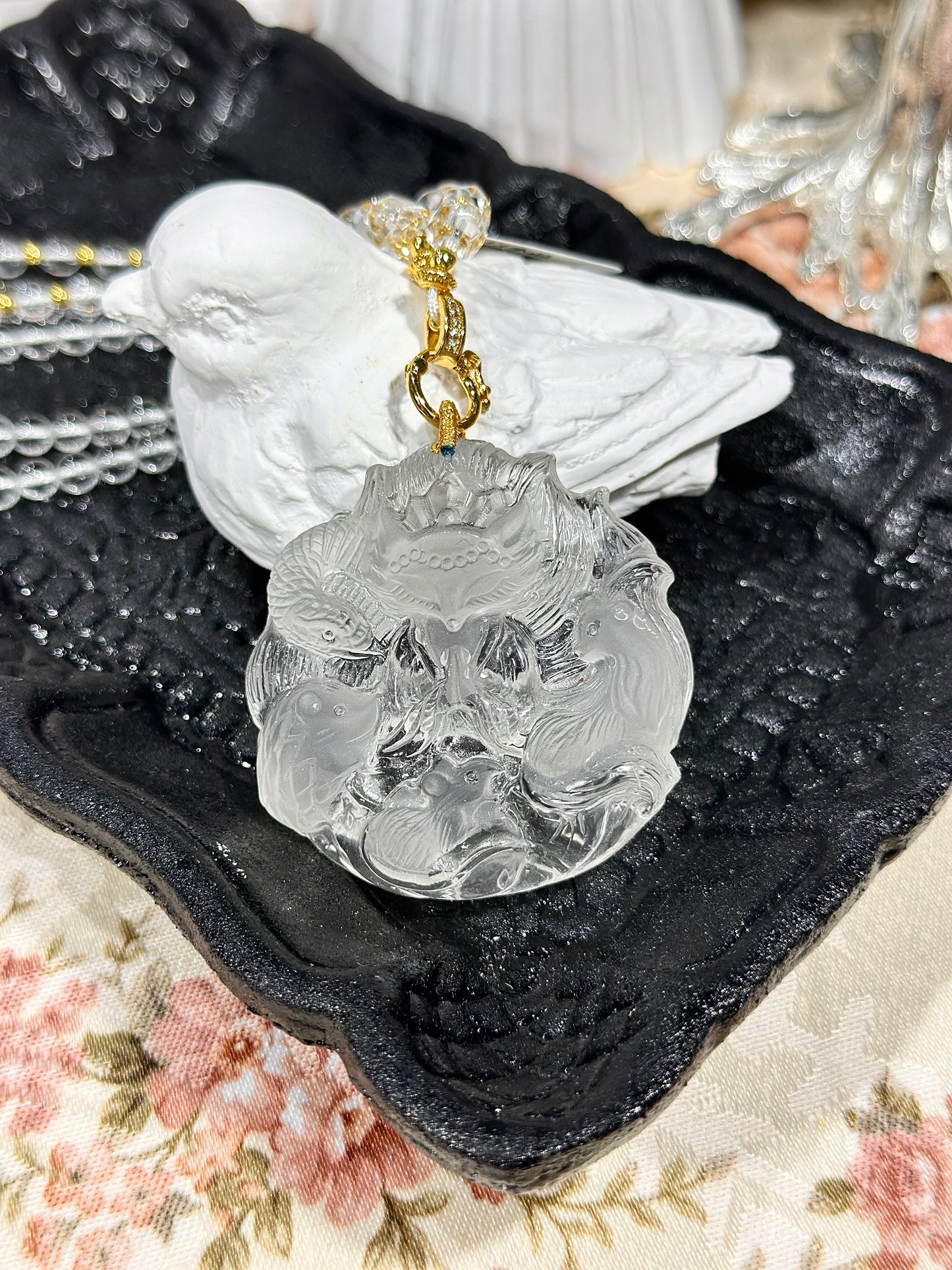 White crystal engraved fox necklace