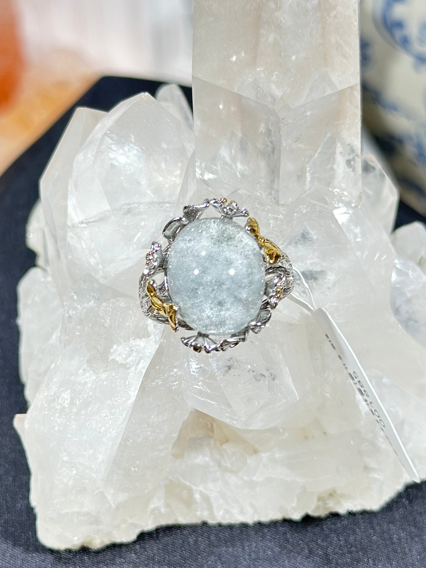 蓝兔毛水晶S925银戒指