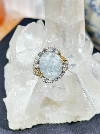 蓝兔毛水晶S925银戒指