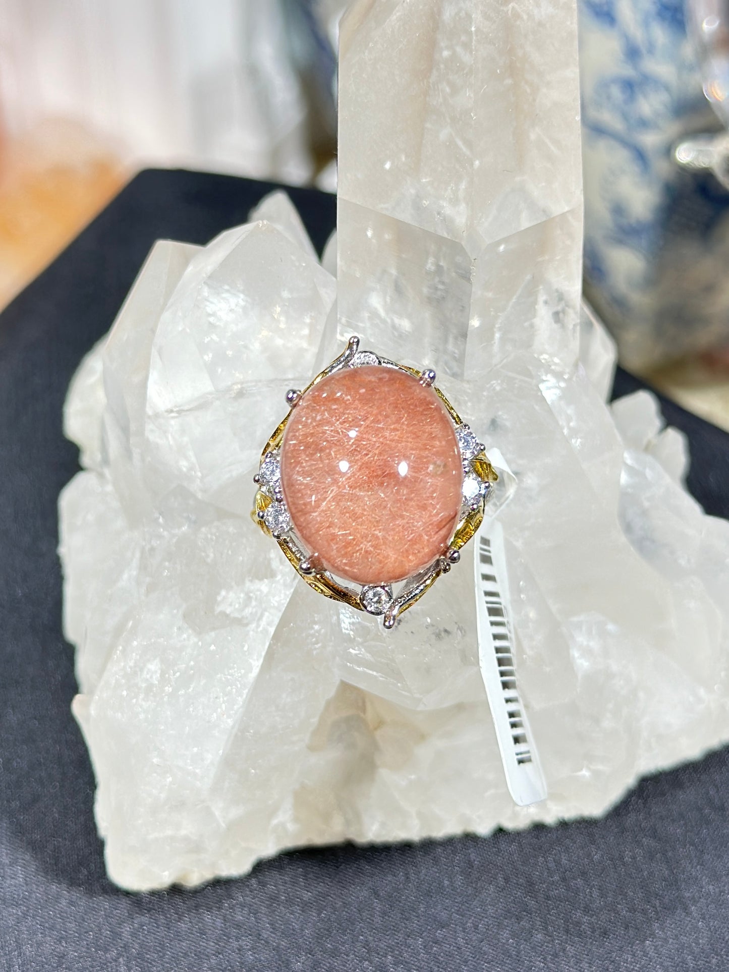 Pink rabbit fur crystal S925 silver ring