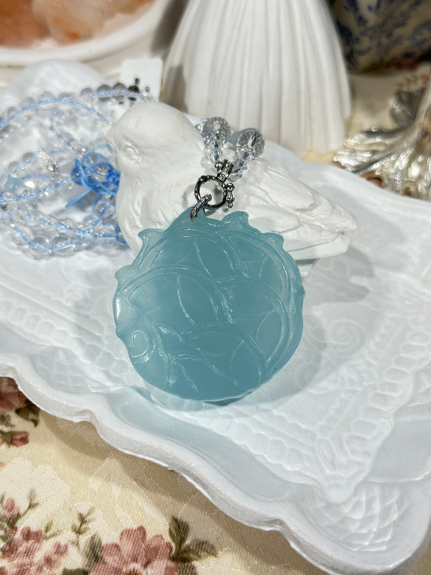 Aquamarine engraved fox necklace