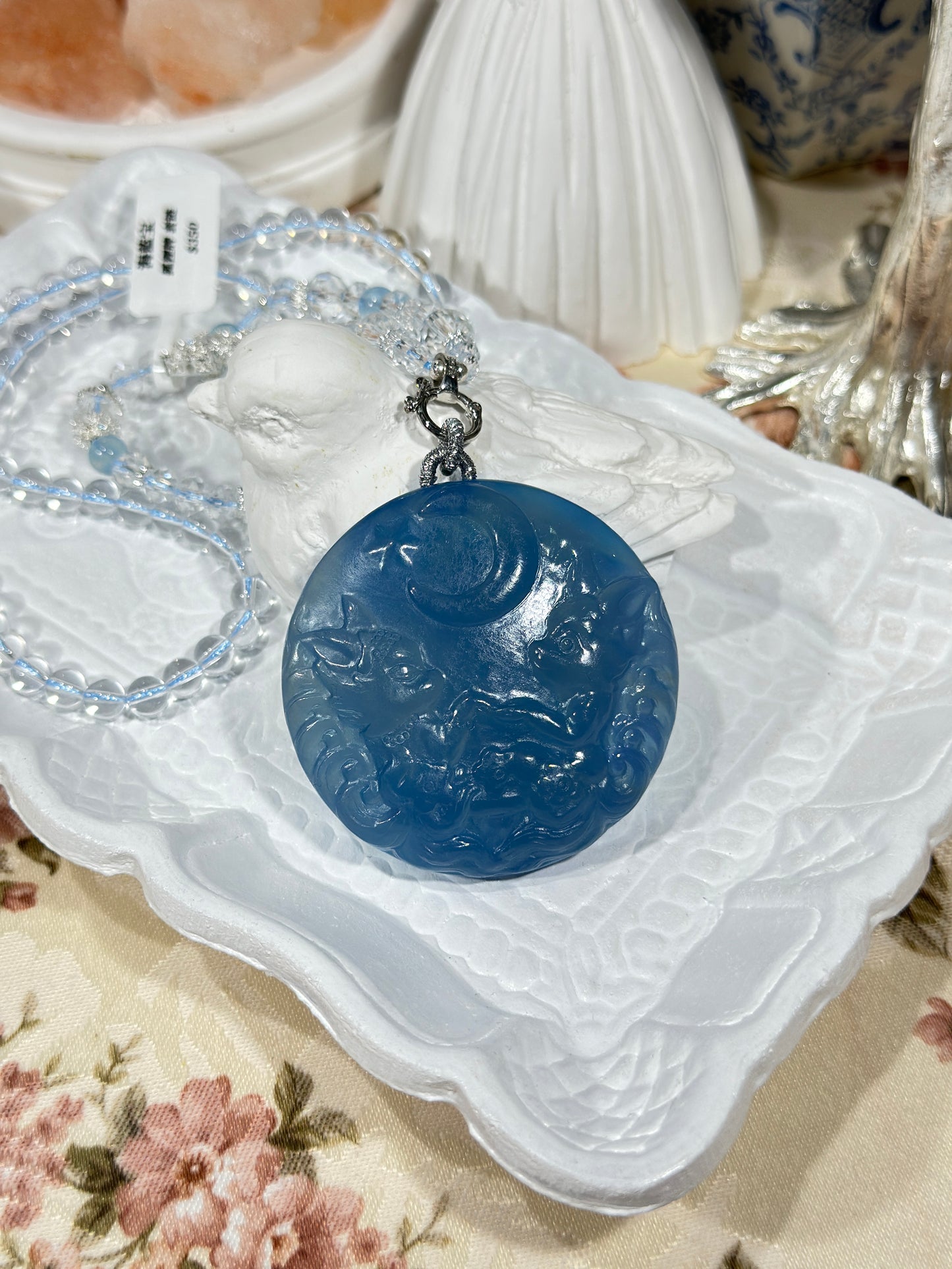 Aquamarine engraved fox necklace