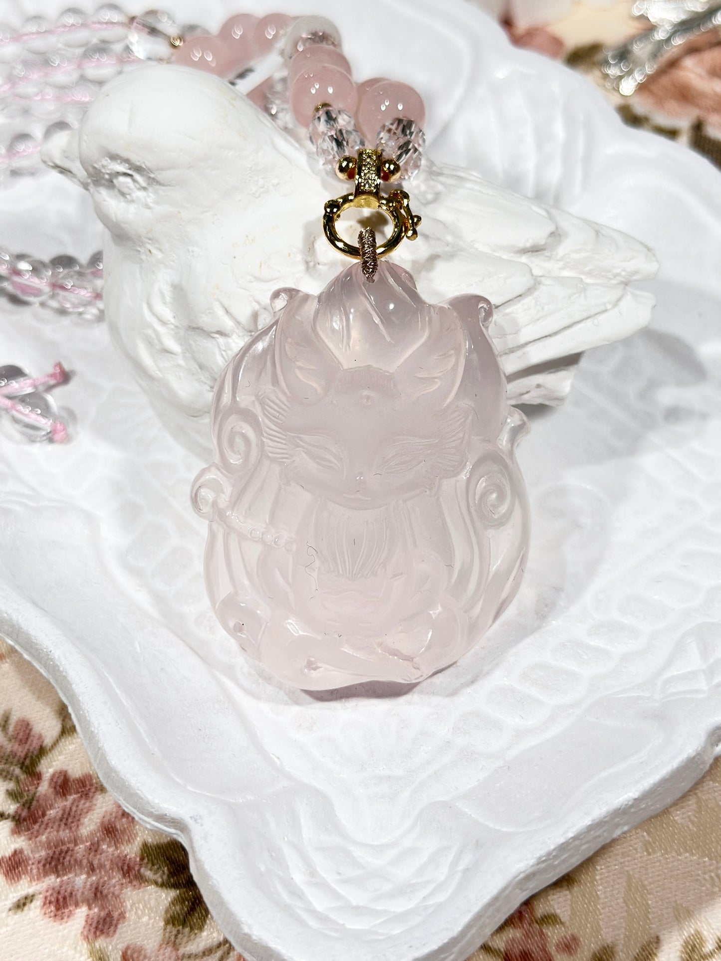 Pink quartz fox necklace