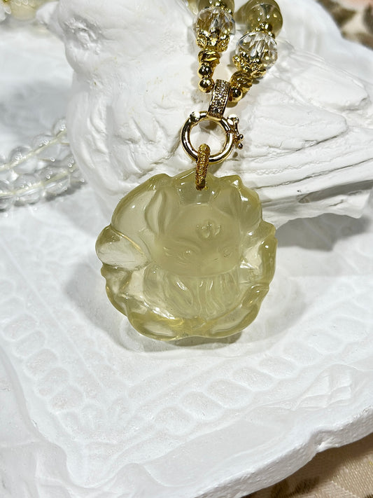 Lemon Citrine Carved Fox Necklace Set