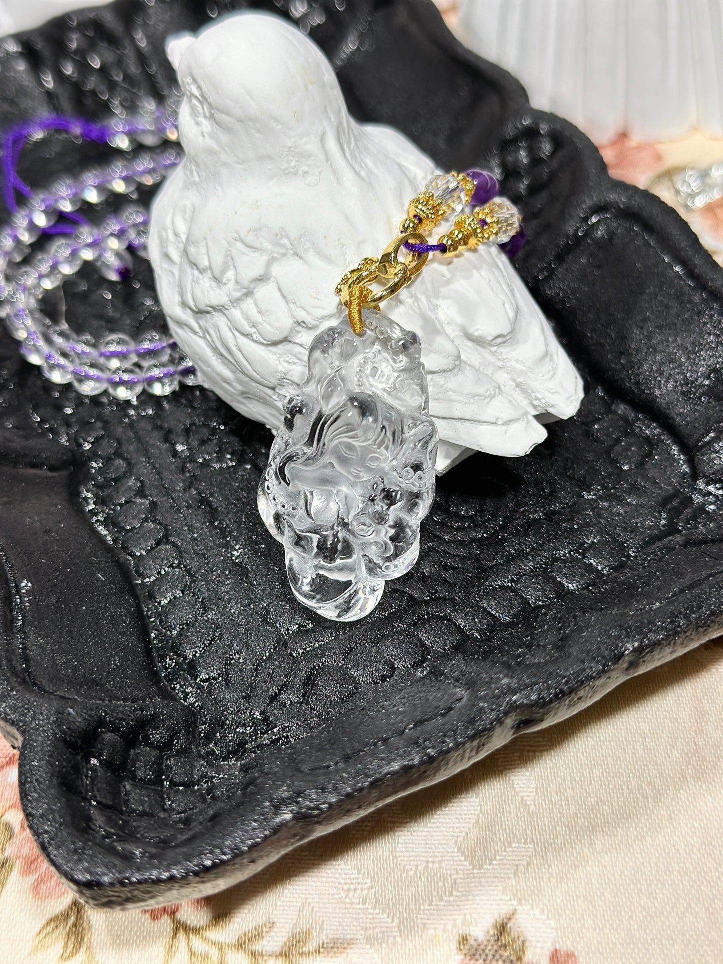 White crystal engraved fox necklace