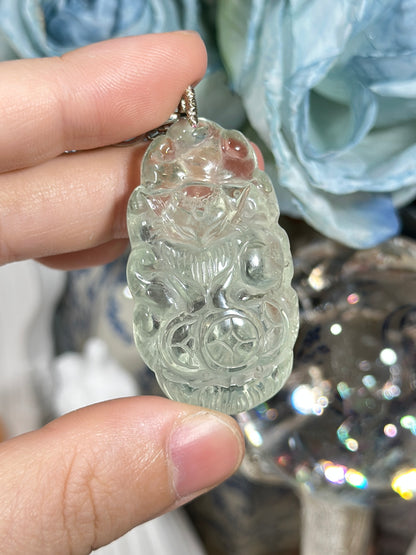 Green crystal engraved fox necklace