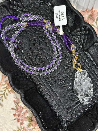 White crystal engraved fox necklace