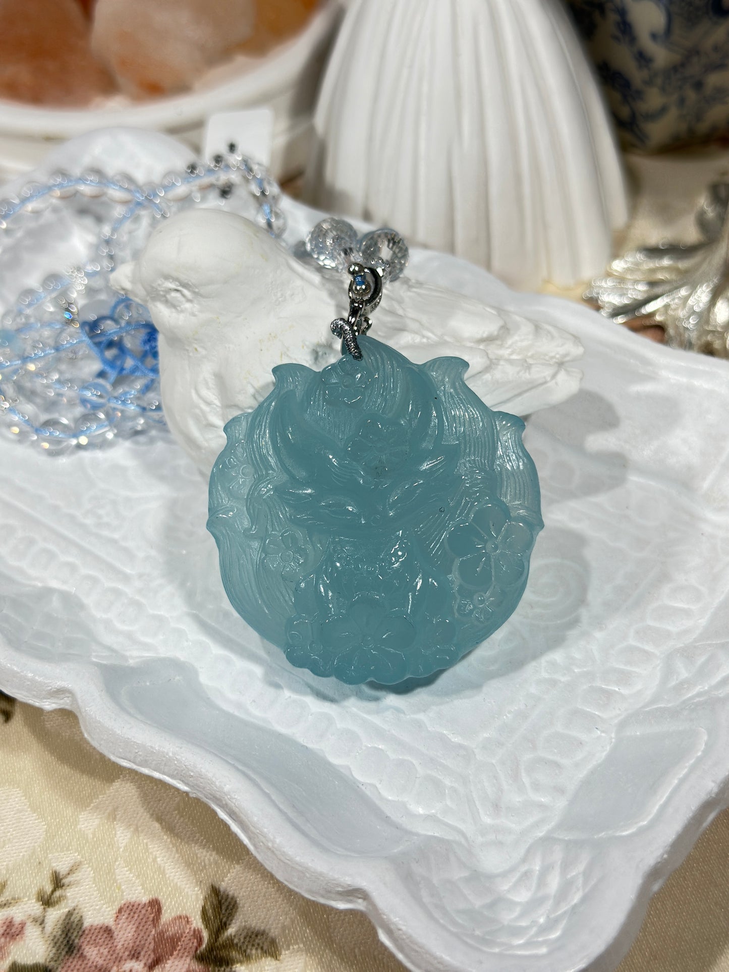 Aquamarine engraved fox necklace