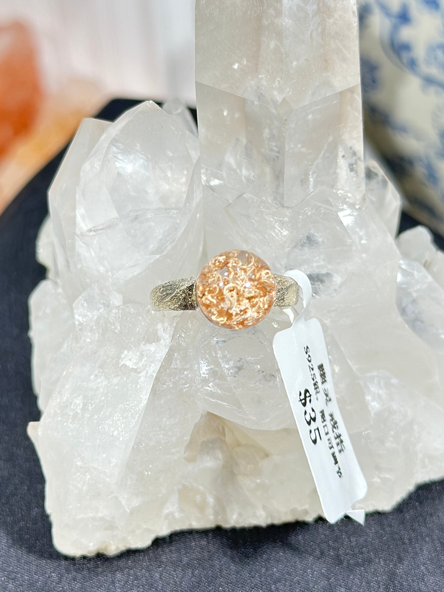 Orange-pink ghost crystal S925 silver ring