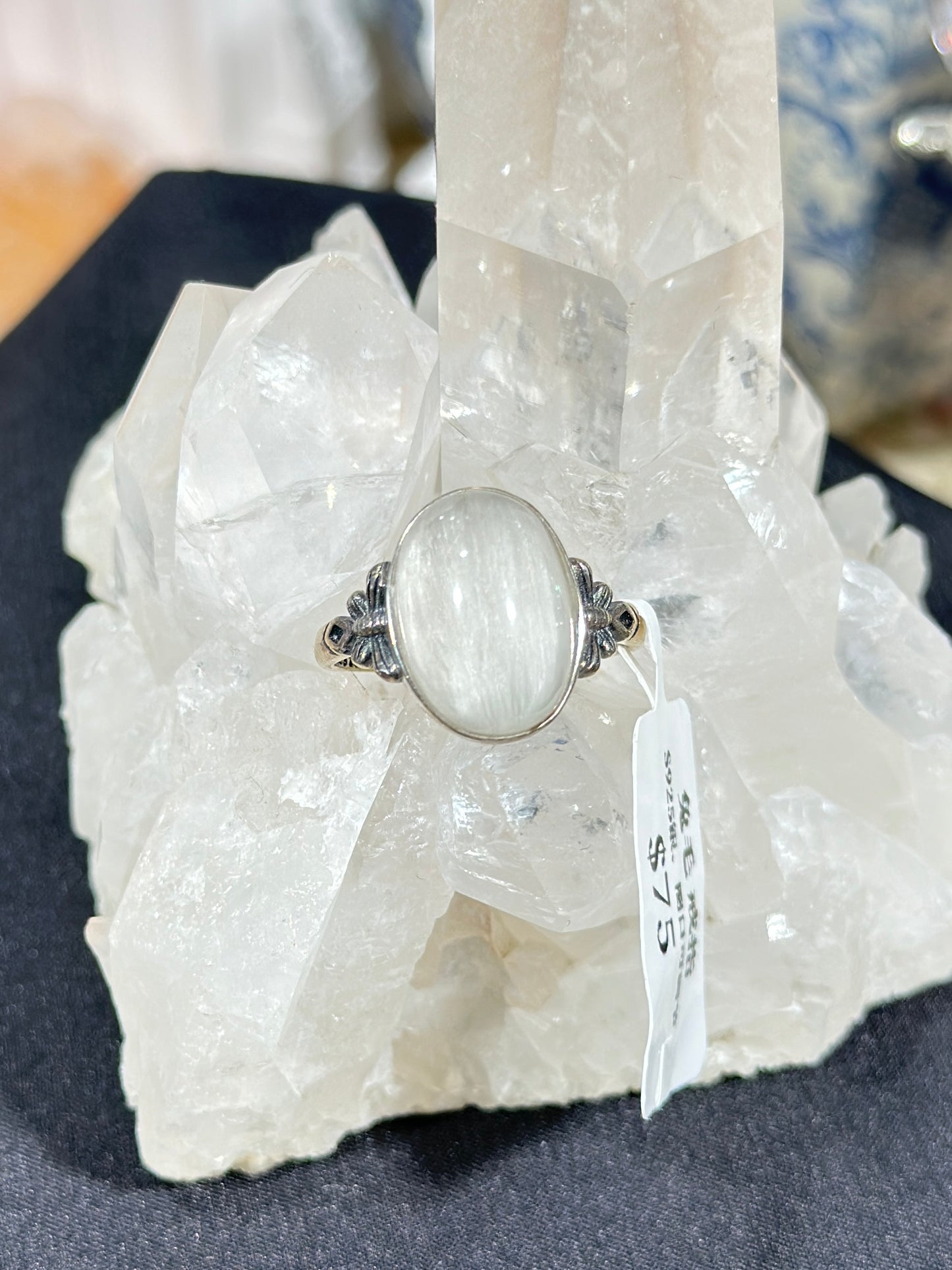 Gray and white rabbit fur crystal S925 silver ring