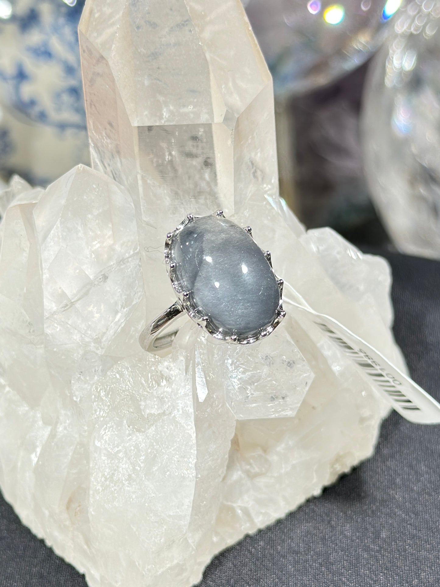 蓝兔毛水晶S925银戒指