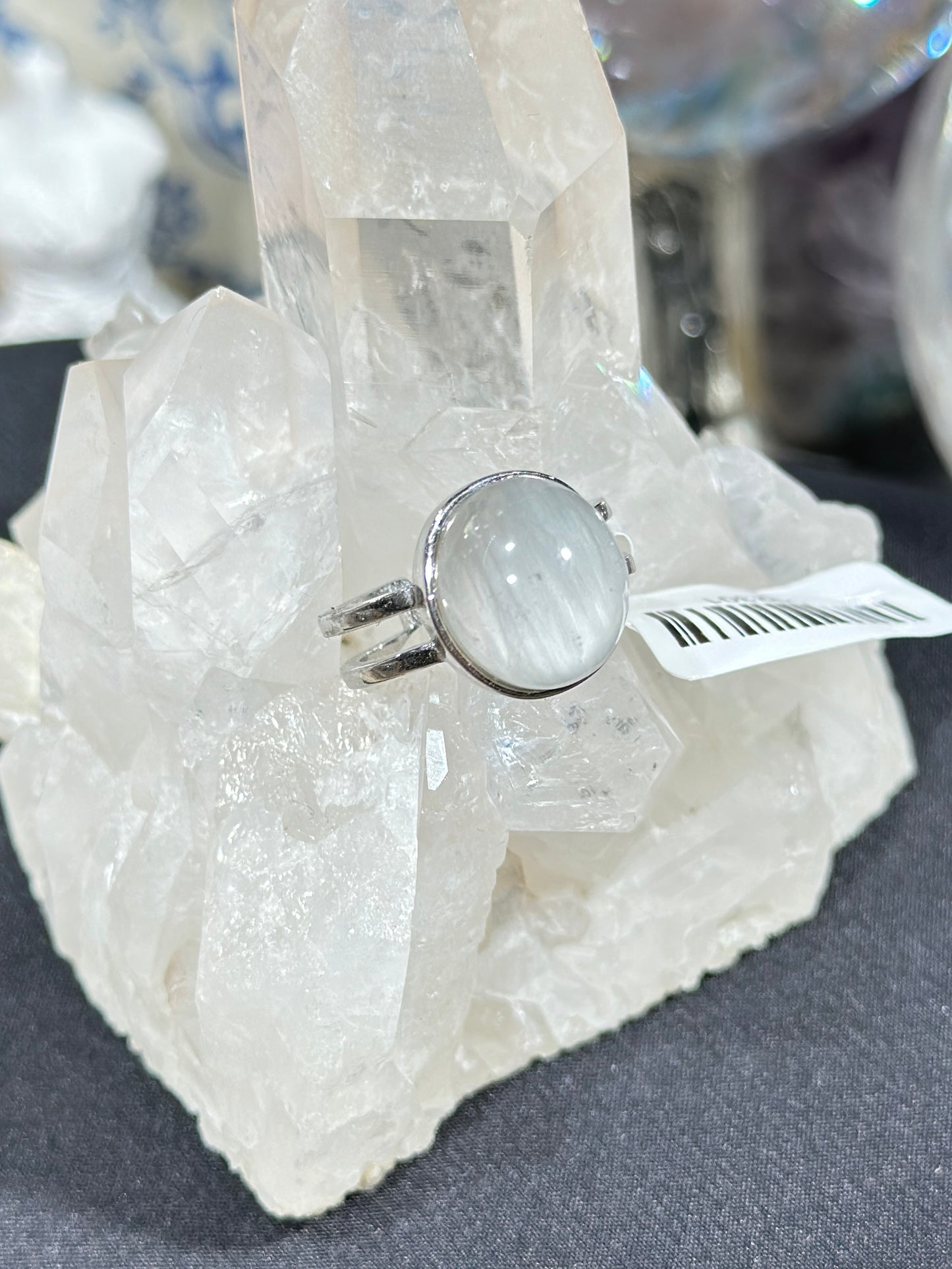 Gray and white rabbit fur crystal S925 silver ring