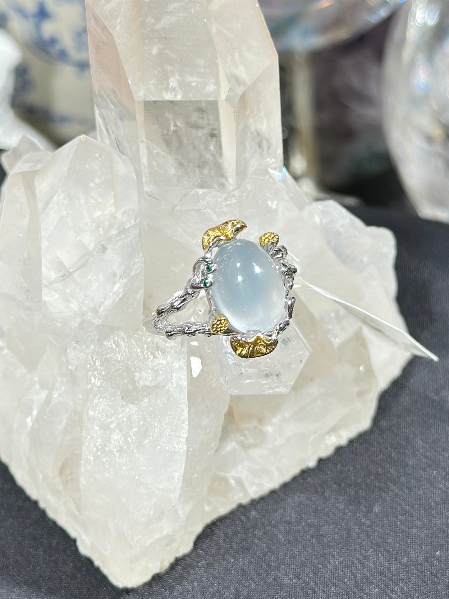 蓝兔毛水晶S925银戒指